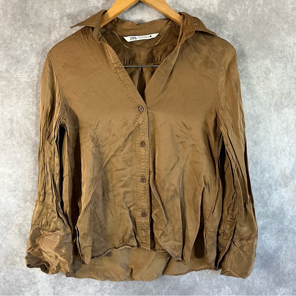 Zara Button Down Blouse Womens XS Brown Silky High Low V-Neck Long Sleeve